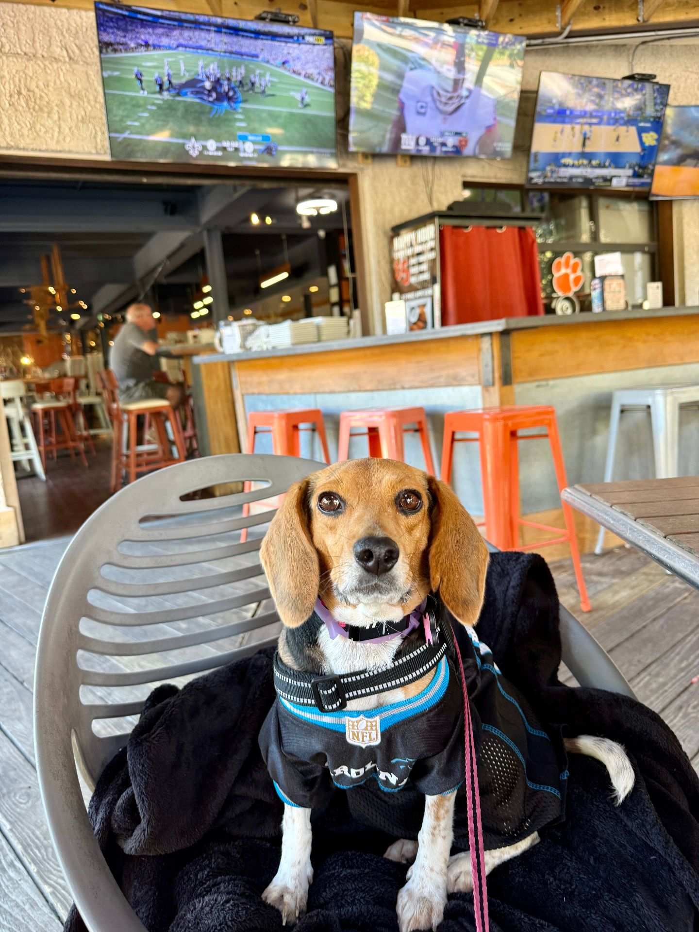 Juneaux in a Carolina Panthers jersey at a sports bar on game day