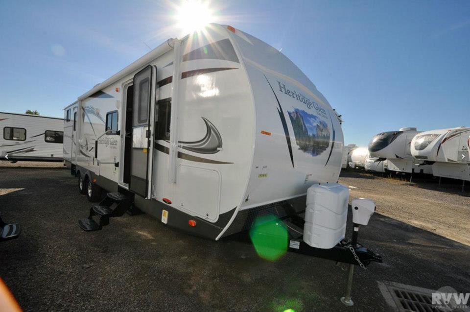 Brand-new 2013 Forest River Heritage Glen 312QBUD on the dealer lot at RV Wholesalers in Ohio