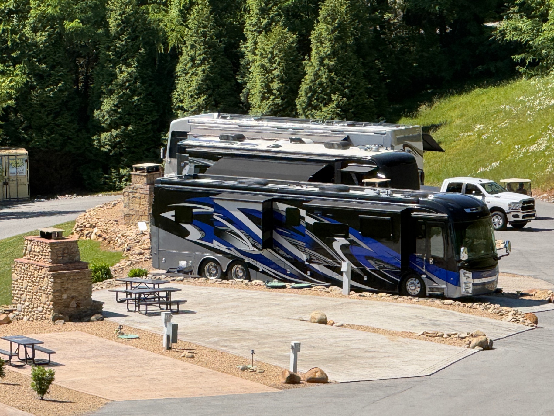 2021 Entegra Aspire 44W viewed from above at Anchors Down RV Resort in Dandridge, Tennessee