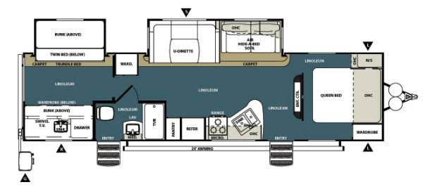 Manufacturer floorplan diagram of the 2013 Forest River Wildwood Heritage Glen 312QBUD showing front queen bed, rear bunkhouse, U-dinette, and outdoor kitchen