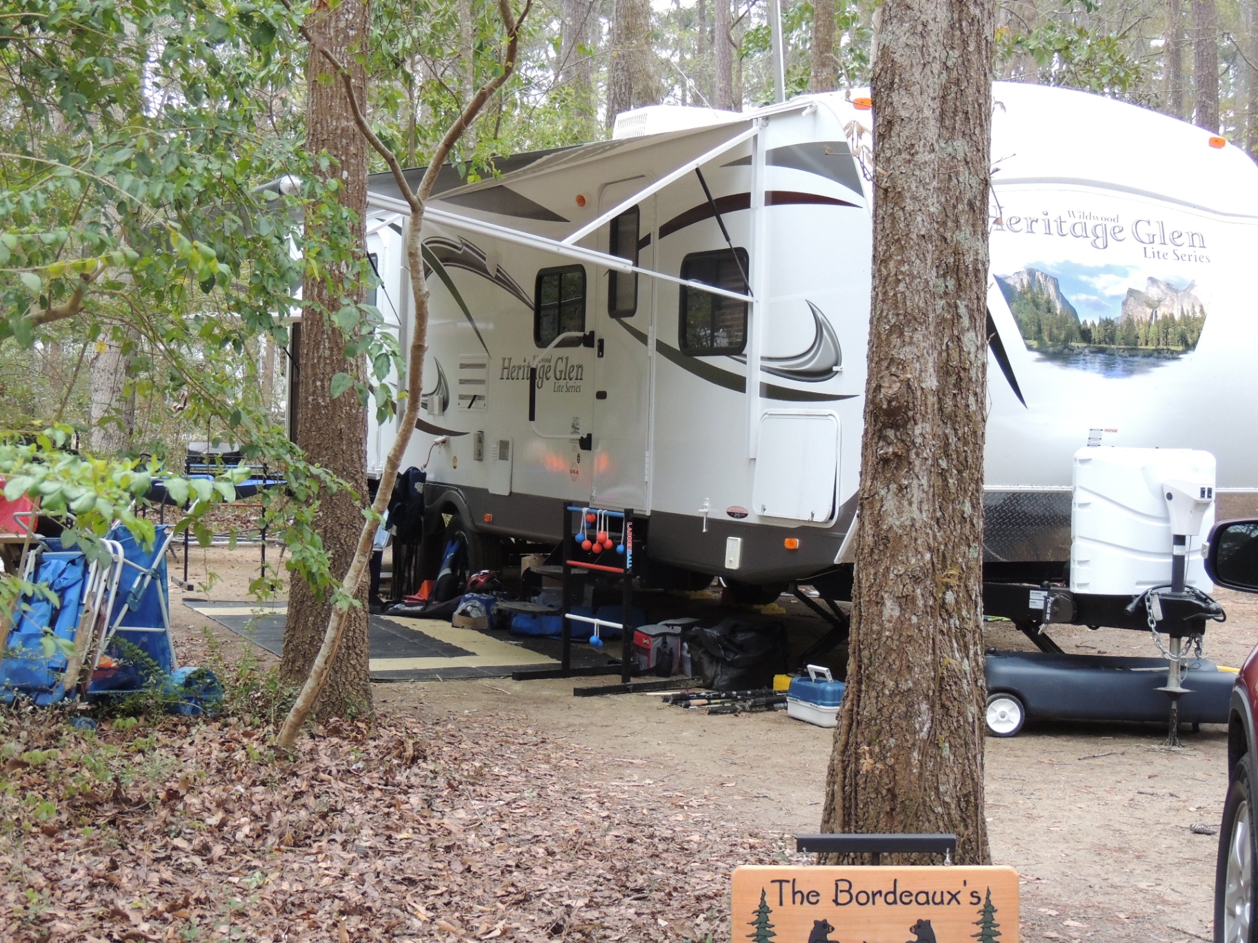 Forest River Heritage Glen 312QBUD tucked into pine trees at a wooded campsite with awning extended